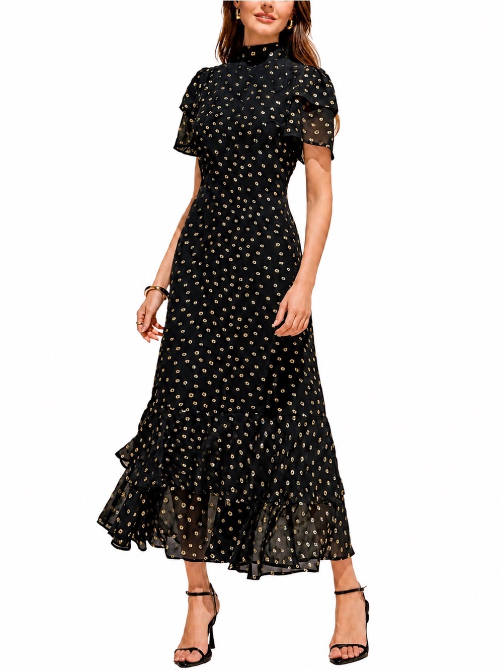 SHEIN Black Gold Foil Accent Chiffon-Look Midi Dress NWOT